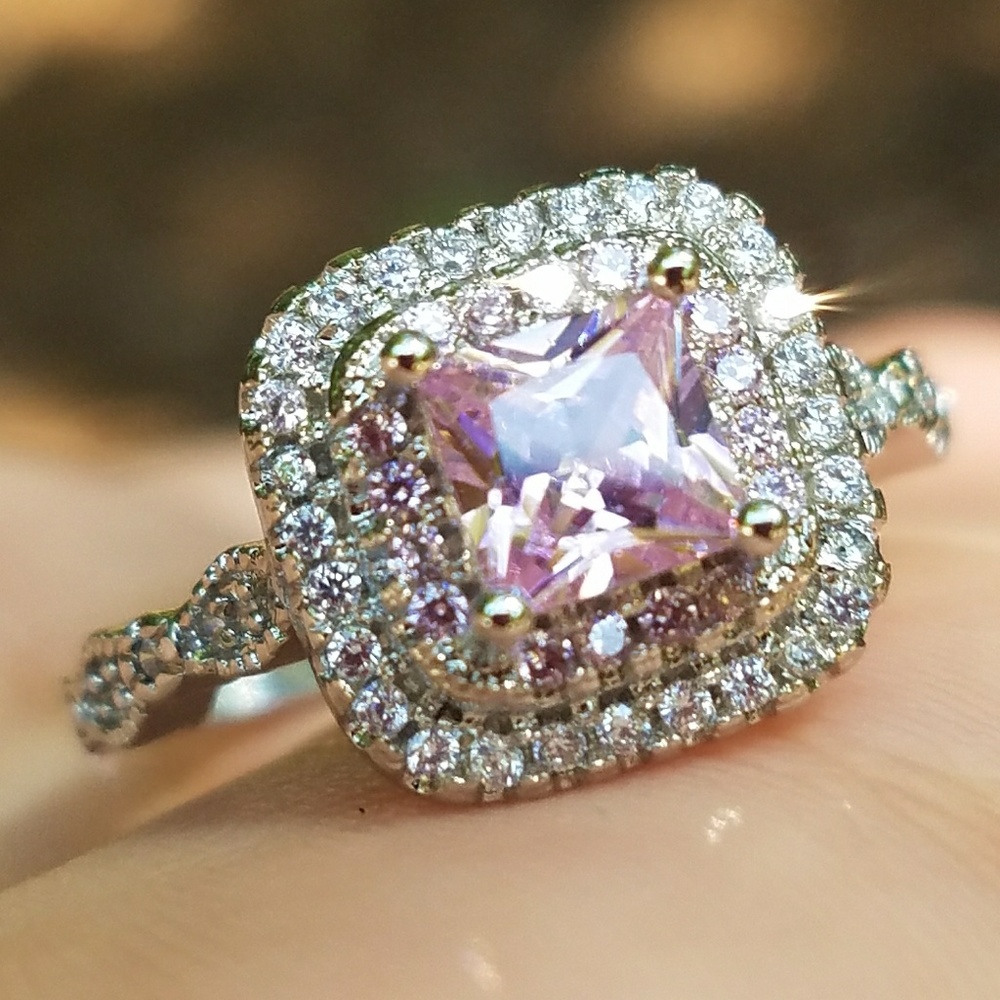 NEW Silver Pink Princess Cut Double Halo Ring - Picture 3 of 8